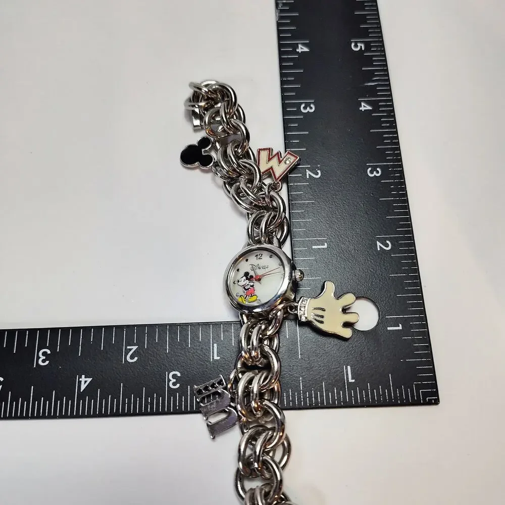 Disney Mickey Mouse Charm Bracelet Watch Silver Glove Dangle